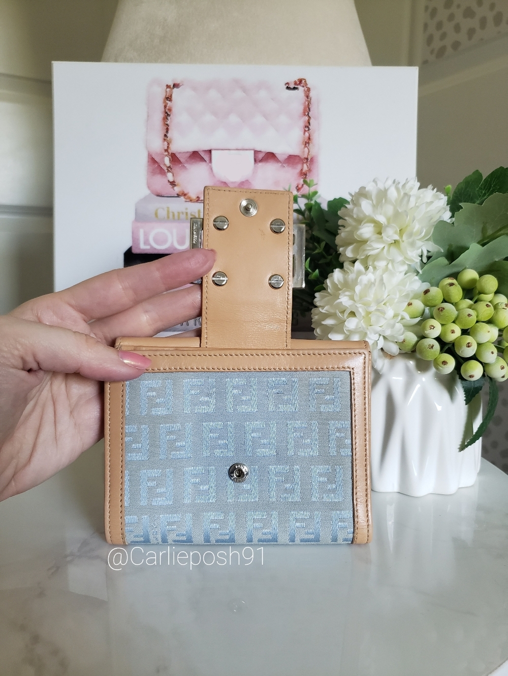 Authentic Pre-owned Fendi Zucchino FF Light Blue Compact Wallet - Picture 6 of 16